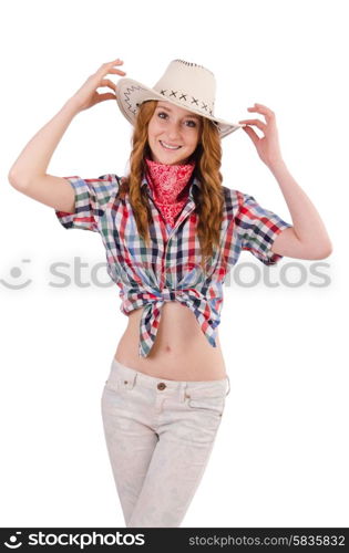 Joyful redhead cowgirl isolated on white