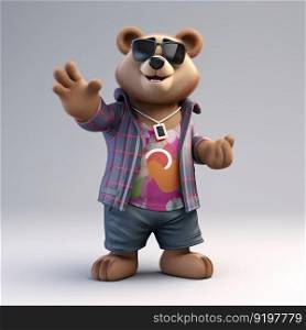 Joyful, stylish 3D bear character with full body, donning apparel and shades, against a backdrop by generative AI
