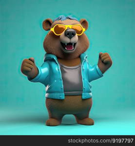 Joyful, stylish 3D bear character with full body, donning apparel and shades, against a backdrop by generative AI