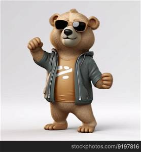 Joyful, stylish 3D bear character with full body, donning apparel and shades, against a backdrop by≥≠rative AI