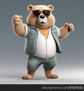 Joyful, stylish 3D bear character with full body, donning apparel and shades, against a backdrop by generative AI