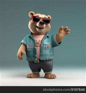 Joyful, stylish 3D bear character with full body, donning apparel and shades, against a backdrop by generative AI