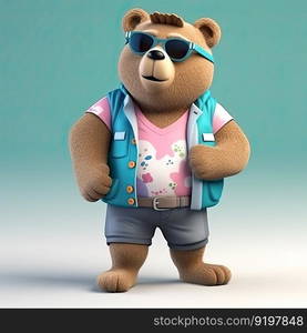 Joyful, stylish 3D bear character with full body, donning apparel and shades, against a backdrop by generative AI