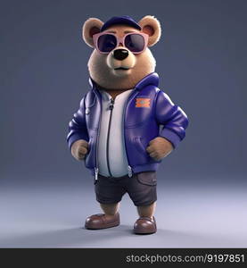 Joyful, stylish 3D bear character with full body, donning apparel and shades, against a backdrop by generative AI