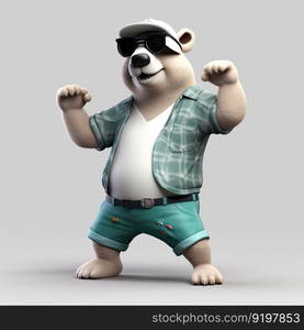 Joyful, stylish 3D bear character with full body, donning apparel and shades, against a backdrop by generative AI