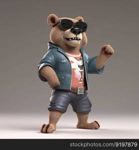 Joyful, stylish 3D bear character with full body, donning apparel and shades, against a backdrop by generative AI