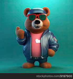 Joyful, stylish 3D bear character with full body, donning apparel and shades, against a backdrop by generative AI