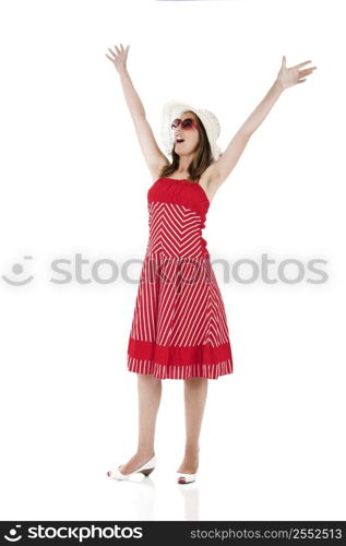 Joyful woman in red dress and white summer hat
