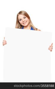 Joyful young woman posing with white board. Isolated