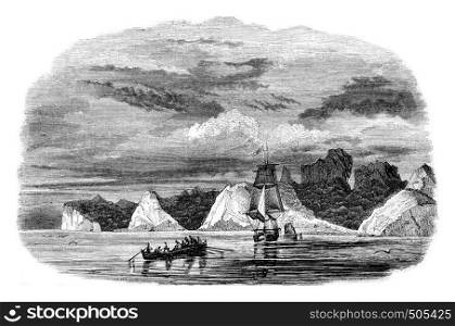 Juan Fernandez Island, or lived the sailor who Defoe novel Robinson Crusoe, vintage engraved illustration. Magasin Pittoresque 1842.
