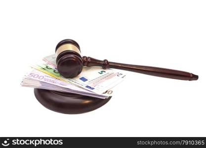 Judge gavel and euro banknotes isolated