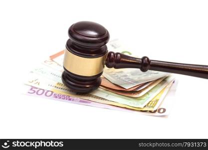 Judge gavel and euro banknotes isolated
