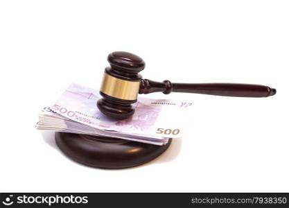 Judge gavel and euro banknotes isolated on white