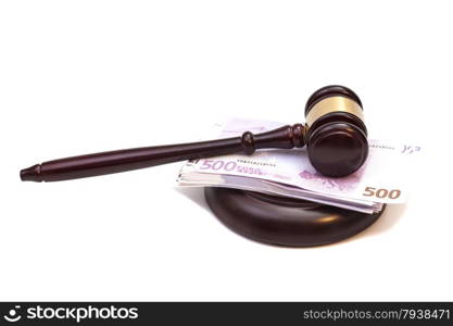 Judge gavel and euro banknotes isolated on white