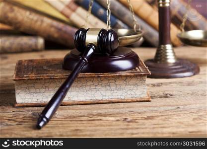 Judge gavel,Law concept, wooden desk background. Mallet, legal code and statue of justice, Law concept