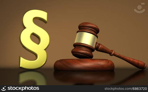 Judiciary, law and legal system concept with a golden paragraph symbol and a wooden gavel on a desktop 3D illustration.