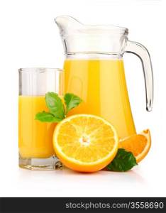 Jug, glass of orange juice and orange fruits with green leaves isolated on white
