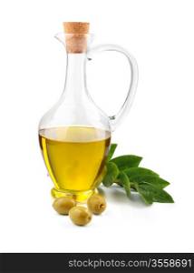 Jug of olive oil, beans and branch of bay leaf isolated on white background