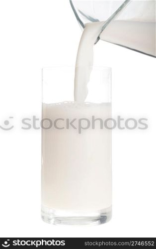 jug pouring fresh milk into a glass (isolated on white background)