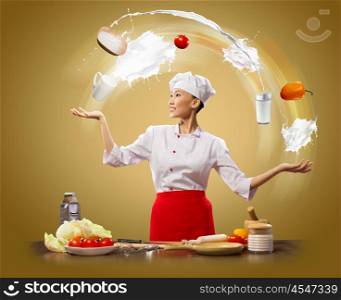 juggler female cook. juggler female asian cook against color background