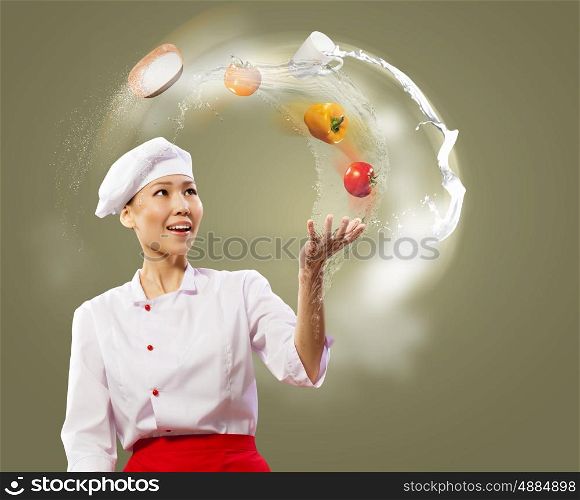 juggler female cook. juggler female asian cook against color background