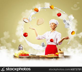 juggler female cook. juggler female asian cook against color background