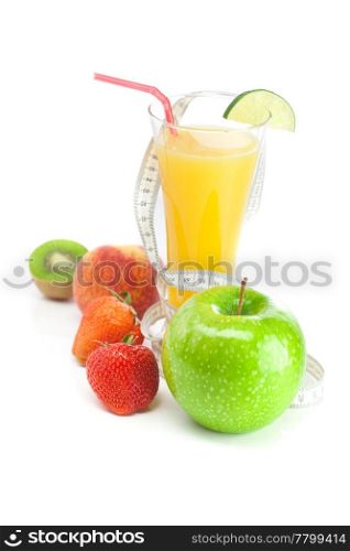 juice,apple,kiwi, strawberry and measure tape isolated on white