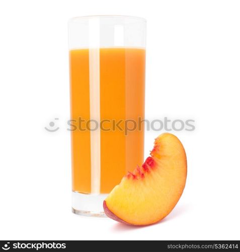 Juice glass and peach fruit segment isolated on white background cutout