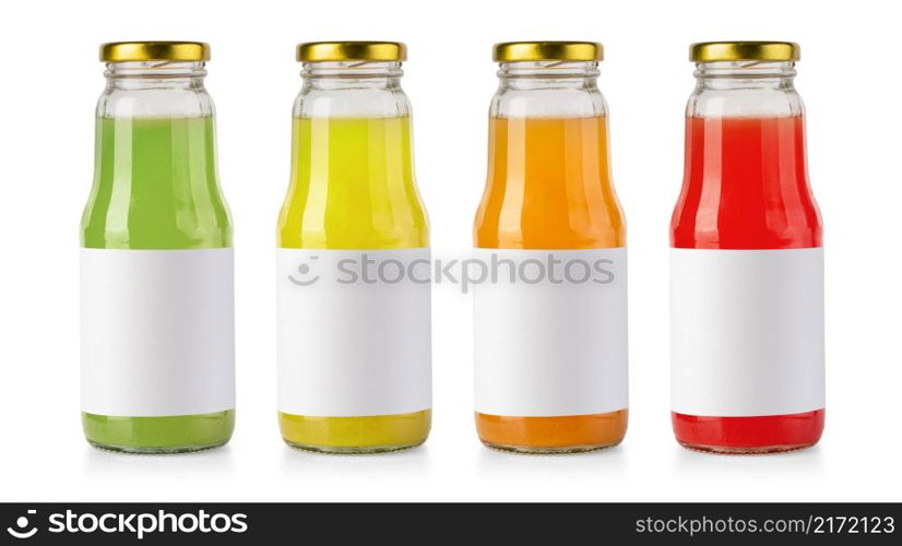 Juice glass bottles isolated on white with empty label
