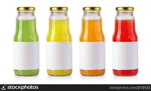 Juice glass bottles isolated on white with empty label