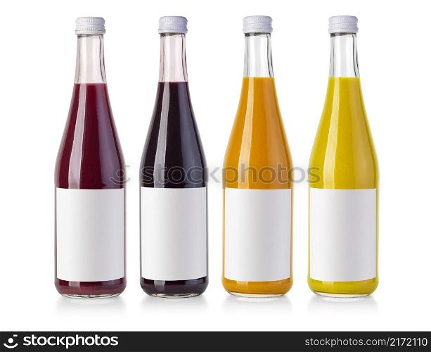 Juice Glass Red, Yellow, Orange, Violet, Purple Bottle Jar On White Background Isolated. with white empty label