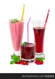 Juices and smoothies made of raspberry, currant, blueberry isolated on white background. Healthy drinks and berries.