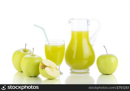 Juicing background. Fresh apples, glass with juice and carafe on white background. Healthy fruit eating and drinking.&#xA;