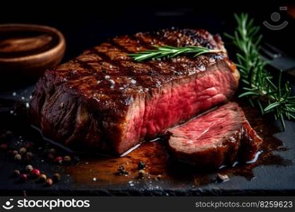 Juicy Beef steaks, grilled roast on rustic plate. Generative AI