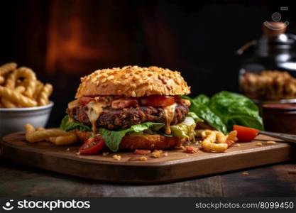 juicy burger with big cutlet, vegetables and melted cheese generative ai.