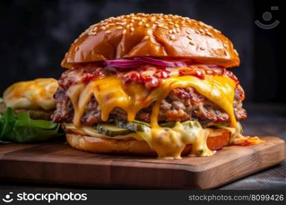 juicy burger with big cutlet, vegetables and melted cheese on a wooden board generative ai.