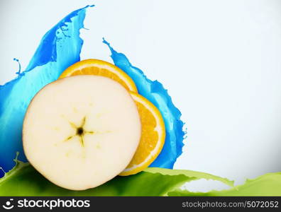 Juicy fruits. Conceptual image of juicy fruits against splashes at background