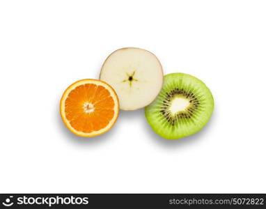 Juicy fruits. Halves of juicy fruits against white background