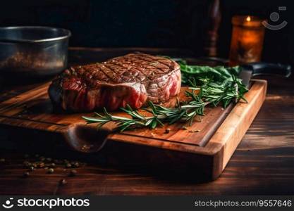 Juicy grilled steak on rustic wooden tray against dark background . Generative AI 