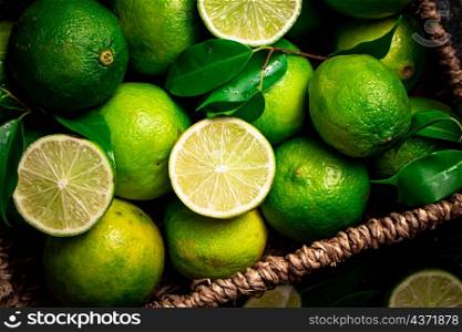 Juicy limes with foliage. Macro background. Lime texture. High quality photo. Juicy limes with foliage. Macro background.