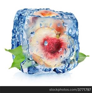Juicy peach in ice cube with drops isolated on white