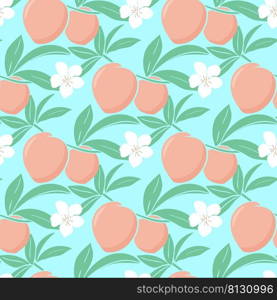 Juicy peaches and flowers seamless summer pattern. Beautiful repeating background with fruits, foliage and blossoms. Print for wallpaper, textile, packaging, design. Template tropical exotic nectarines vector illustration. Juicy peaches and flowers seamless summer pattern