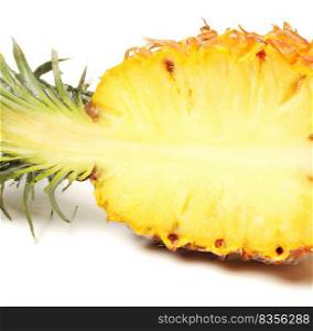 Juicy pineapple isolated on white background. The pineapple  Ananas comosus  is a tropical plant with an edible fruit  it is the most economically significant plant in the family Bromeliaceae. Sliced pineapple on a white background