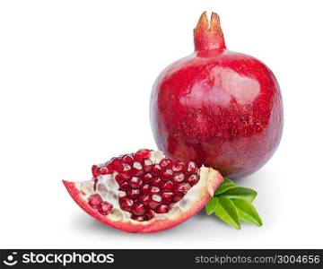 Juicy pomegranate fruit with leaves isolated on a white background