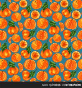 Juicy tangerines pattern on a blue background. Endless illustration of orange fruits and green leaves. For the design of clothing, textiles, napkins, notebooks and more.