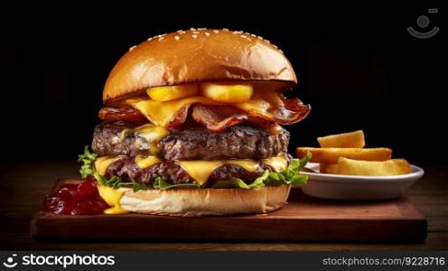Juicy tasty hamburger on the table. Fast food image of a burger with grilled meat. Generated AI. Juicy tasty hamburger on the table. Fast food image of a burger with grilled meat. Generated AI.