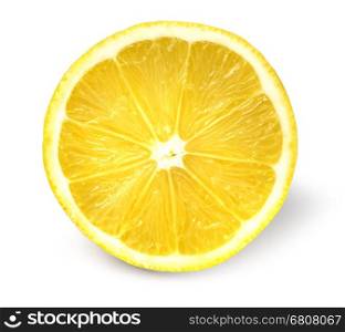 Juicy yellow slice of lemon, white background, isolated, with clipping path