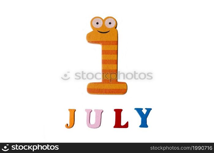 July 1. Image 1 of July on a white background. Summer day. Blank space for text. July 1. Image 1 of July on a white background. Summer day.