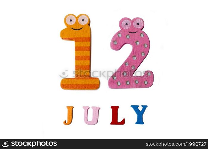 July 12. Image of July 12 on white background. Summer day.. July 12. Image of July 12 on white background.