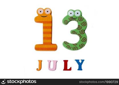 July 13. Image of July 13 on white background. Summer day.. July 13. Image of July 13 on white background.